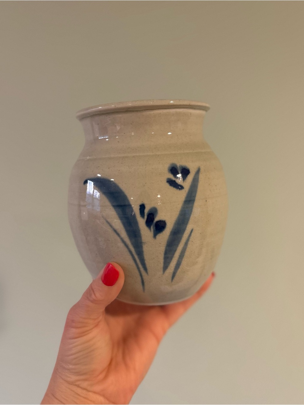 Hand-Painted Ceramic Vase in Blue and Cream